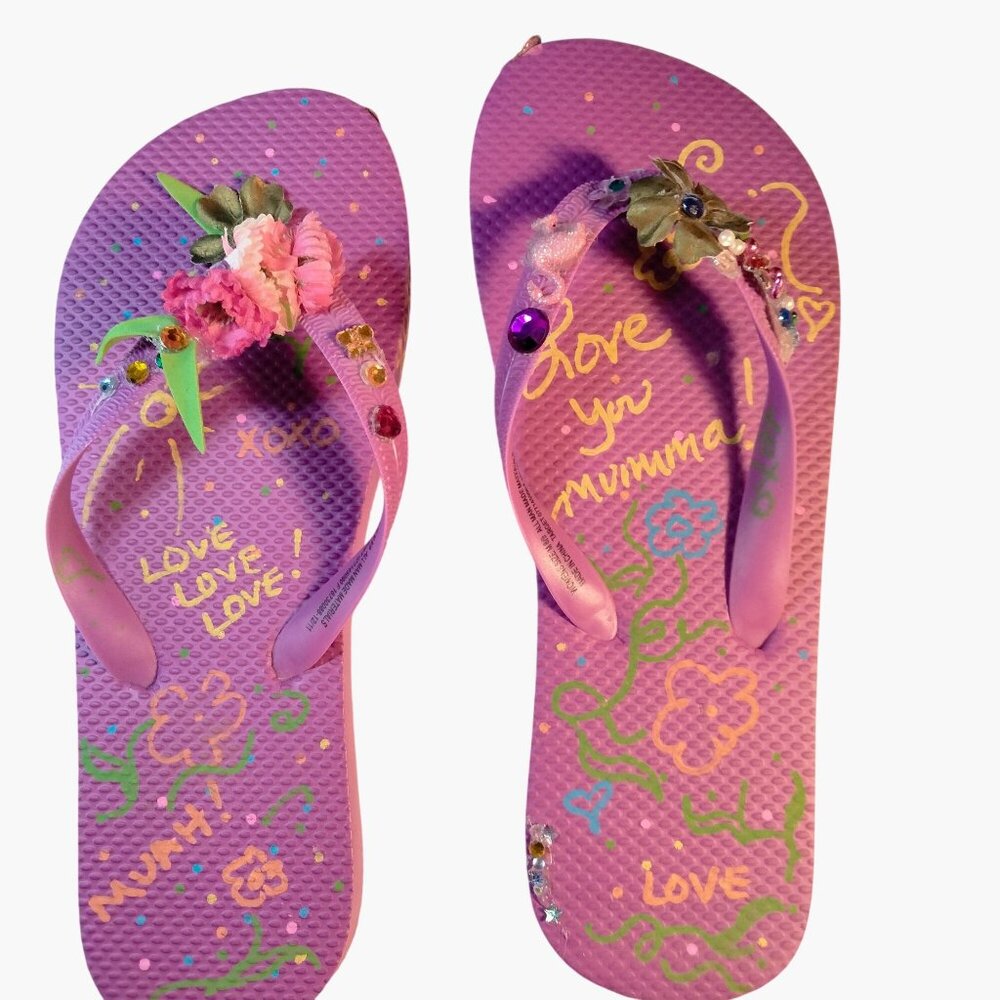 Purple Flip Flops Embellished Flamingo Flower Jewel Love Mumma Womens 8 9